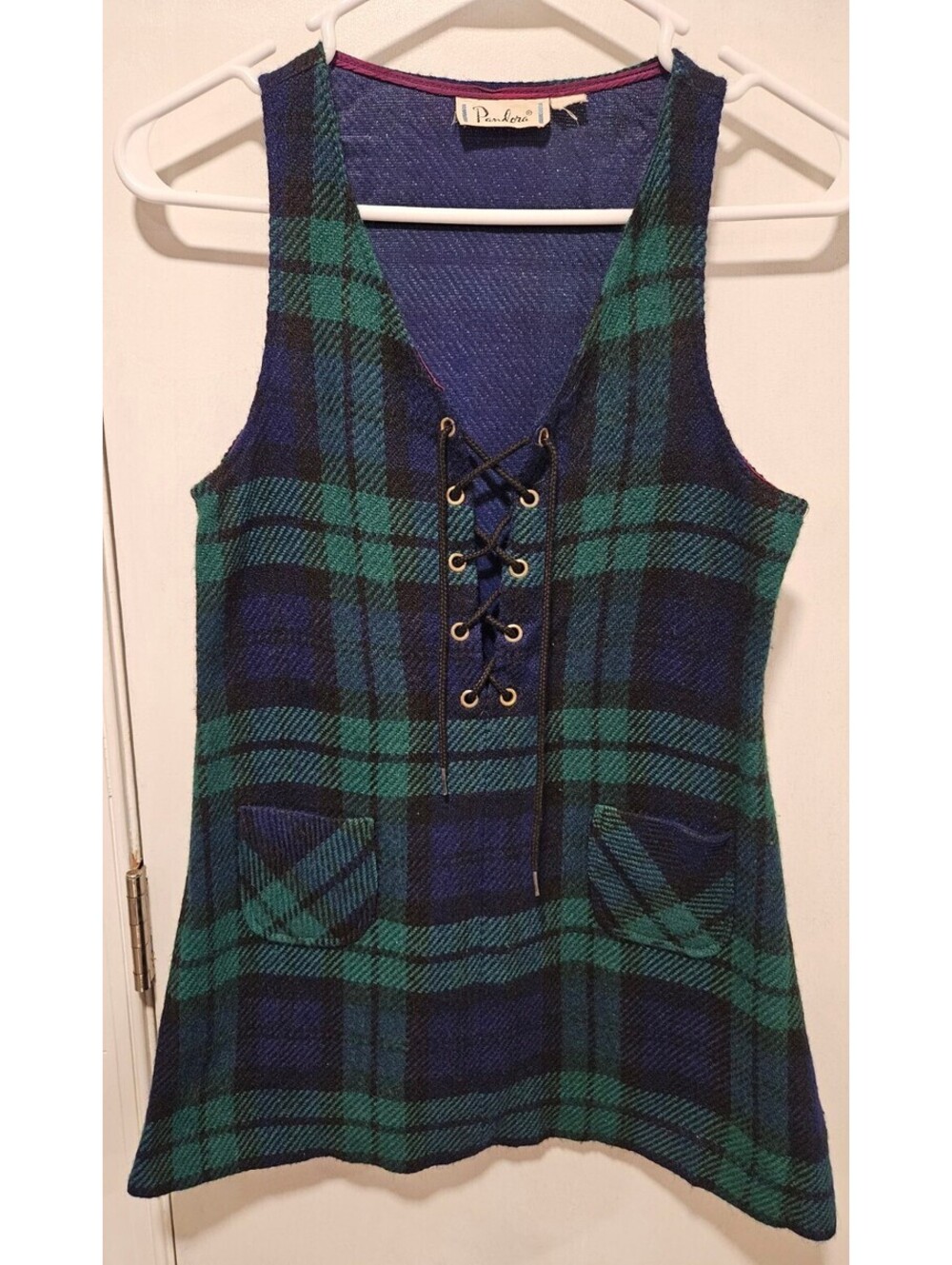 Pandora Girls Size 12 Green Plaid Wool  Dress Vintage 1960s